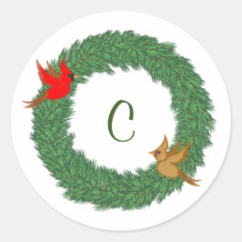 Pegatina Redonda Cardenales en guirnalda verde con monograma