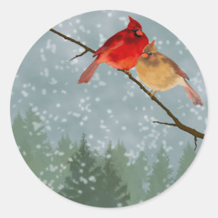 Pegatina Redonda cardenales en invierno