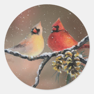 Pegatina Redonda CARDENALES en la NIEVE de SHARON SHARPE
