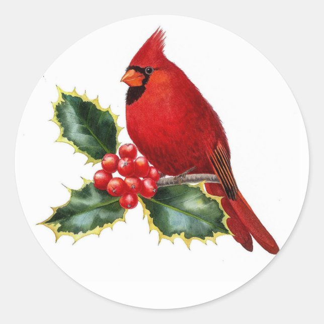 Pegatina Redonda Cardenales rojos Bird y Holly Berry Navidades (Anverso)