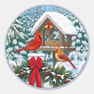 Pegatina Redonda Cardenales y Comedero de Pájaros de Navidad