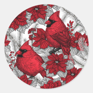 Pegatina Redonda Cardenales y poinsettia en rojo y blanco
