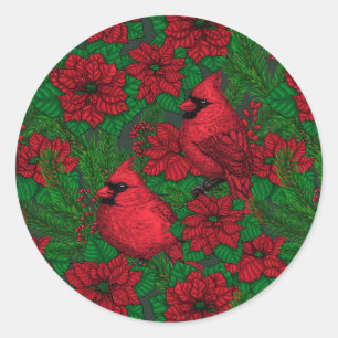Pegatina Redonda Cardenales y poinsettia para Navidades