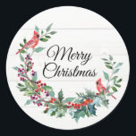 Pegatina Redonda Cardinal Merry Christmas<br><div class="desc">A Christmas wreath with cardinals.
Text: Merry Christmas (Can be customized)

Coordinates with these Christmas cards:  https://www.zazzle.com/z/pj8zi?rf=238314367112567420</div>