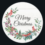 Pegatina Redonda Cardinal Merry Christmas<br><div class="desc">A Christmas wreath with cardinals.
Text: Merry Christmas (Can be customized)

Coordinates with these Christmas cards:  https://www.zazzle.com/z/pj8zi?rf=238314367112567420</div>