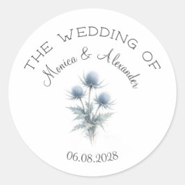 Pegatina Redonda Cardo Azul Floral Elegante Boda Escocesa