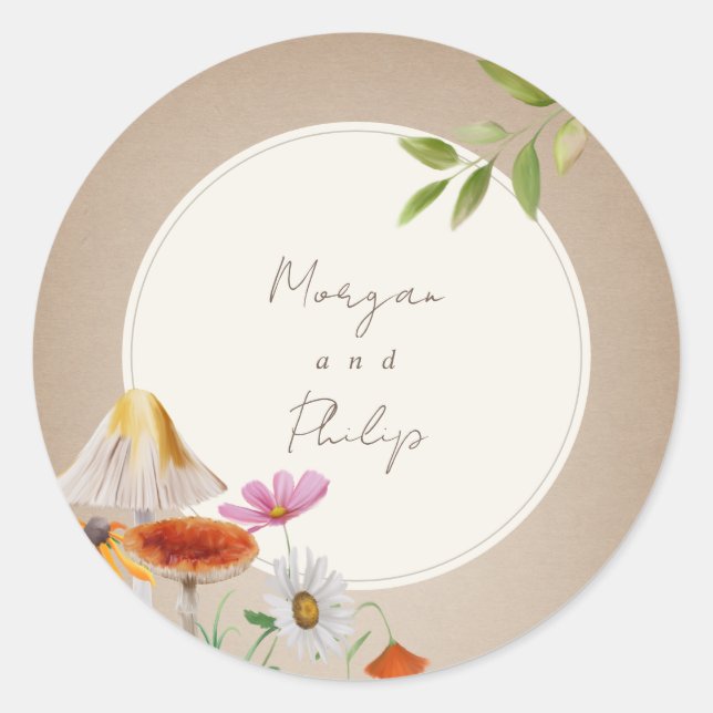 Pegatina Redonda Cardstock Boda floral de hongos boscosos (Anverso)