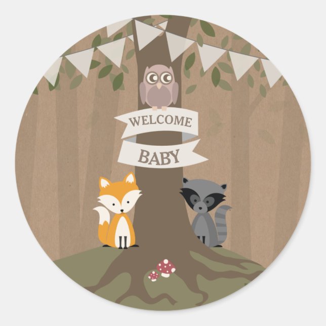 Pegatina Redonda Cardstock inspiró Woodland Baby Shower Neutral (Anverso)