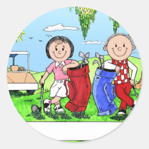 Pegatina Redonda Caricatura de Personalizados de parejas de golf pe