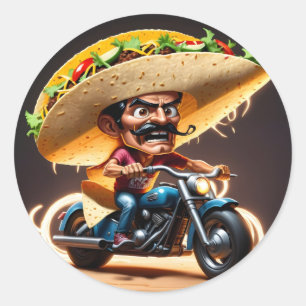 Pegatina Redonda Caricatura de taco biker enojado