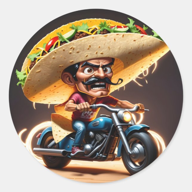 Pegatina Redonda Caricatura de taco biker enojado (Anverso)