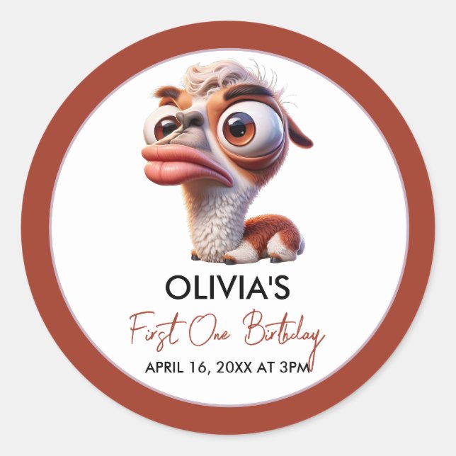 Pegatina Redonda Caricatura divertida de Llama Fiesta Primer Cumple (Anverso)