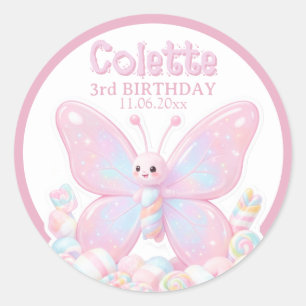 Pegatina Redonda Cariño Mariposa Cumpleaños Fresa Rosa 