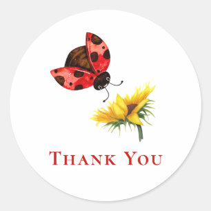 Pegatina Redonda Cariño Tarjeta de Agradecimiento de Ladybug Roja y