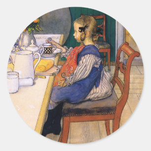 Pegatina Redonda Carl Larsson Desayuno Miserable de Late Riser