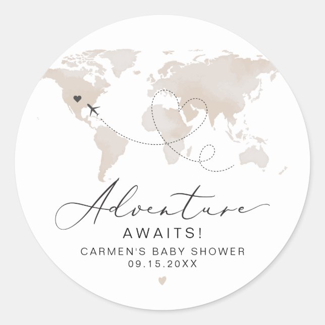 Pegatina Redonda CARMEN Beige Map Adventure Baby Shower (Anverso)