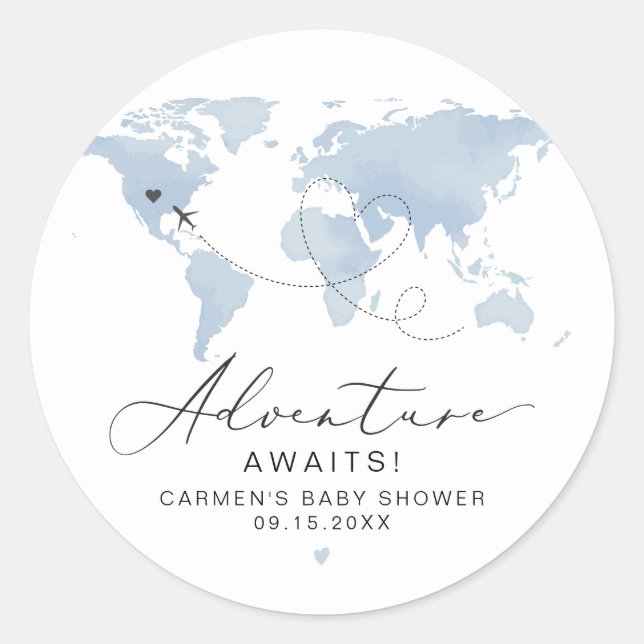 Pegatina Redonda CARMEN Blue Map Adventure Baby Shower (Anverso)