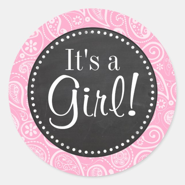 Pegatina Redonda Carnation Pink Paisley; Vintage Chalkboard look (Anverso)