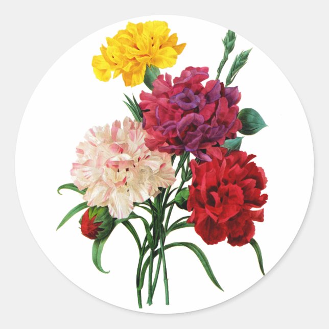 Pegatina Redonda Carnation y Marigold Bouquet por Redoute (Anverso)