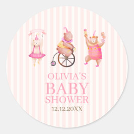 Pegatina Redonda Carnaval de circo rosado Teddy Bear Baby Shower