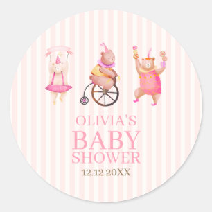 Pegatina Redonda Carnaval de circo rosado Teddy Bear Baby Shower
