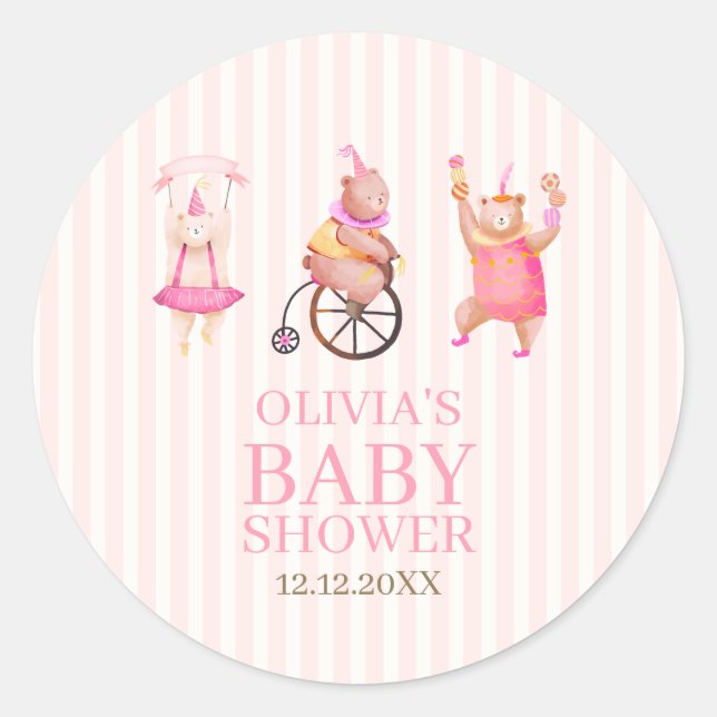 Pegatina Redonda Carnaval de circo rosado Teddy Bear Baby Shower (Anverso)