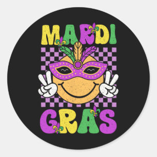 Pegatina Redonda Carnaval de Mardi Gras Sonríe Face Mask Feathers B