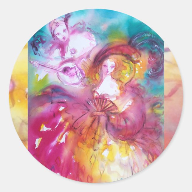 Pegatina Redonda Carnaval veneciano de PIERROT y ARLECCHINA, (Anverso)