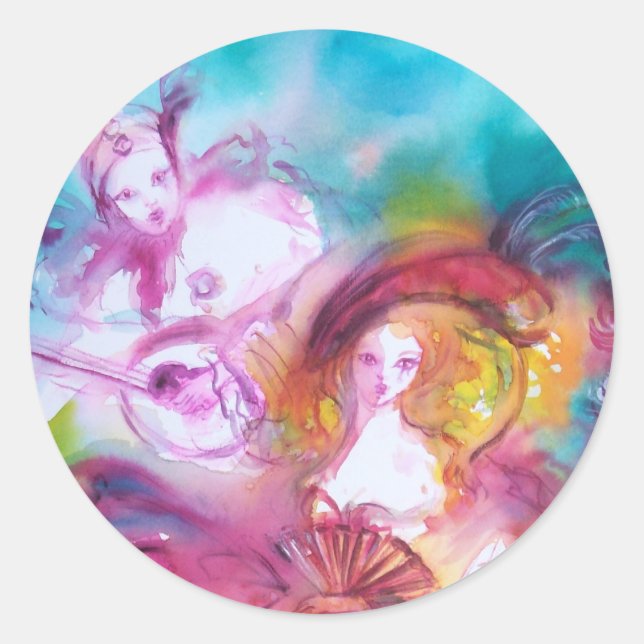 Pegatina Redonda Carnaval veneciano de PIERROT y ARLECCHINA, (Anverso)