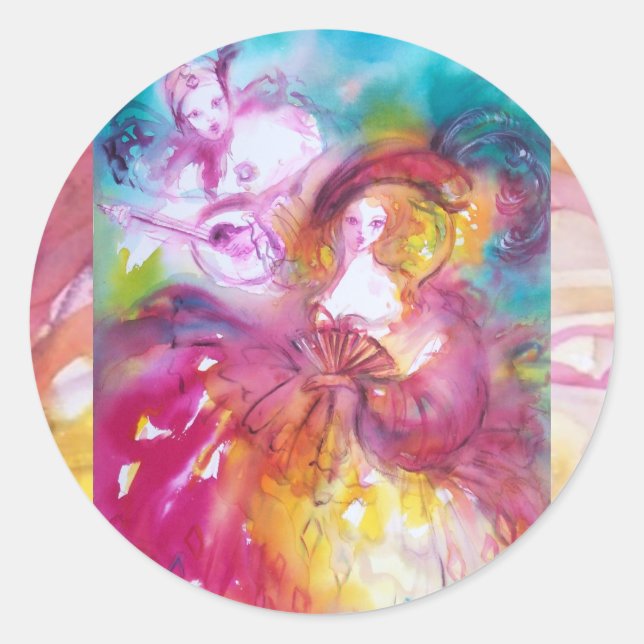 Pegatina Redonda Carnaval veneciano de PIERROT y ARLECCHINA, (Anverso)