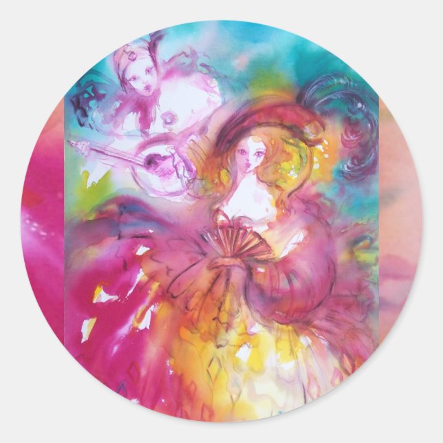 Pegatina Redonda Carnaval veneciano de PIERROT y ARLECCHINA, (Anverso)