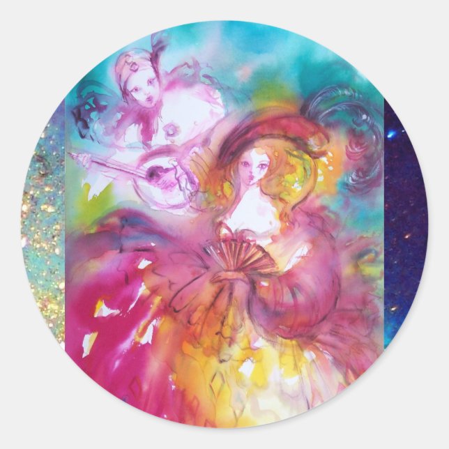 Pegatina Redonda Carnaval veneciano de PIERROT y ARLECCHINA, (Anverso)