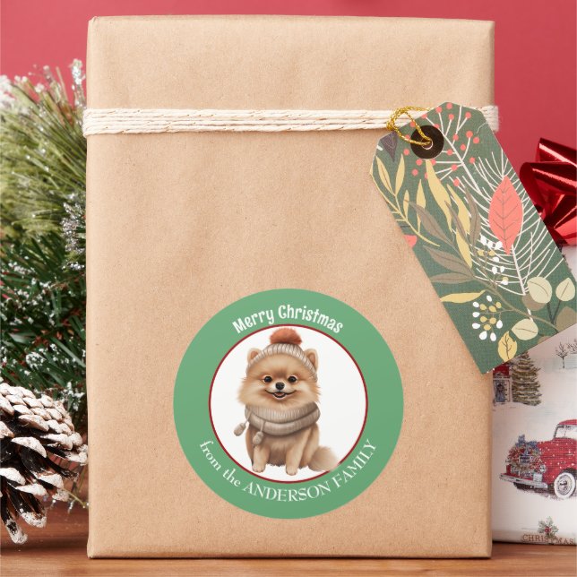 Pegatina Redonda Carne de invierno de perro de Pomerania y Navidade (Vacaciones)
