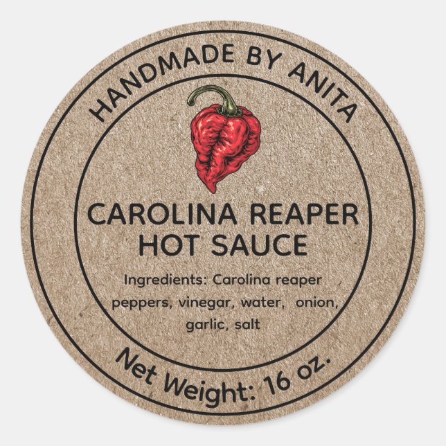 Pegatina Redonda Carolina Reaper Hot Sauce Canning Jar Label Kraft (Anverso)
