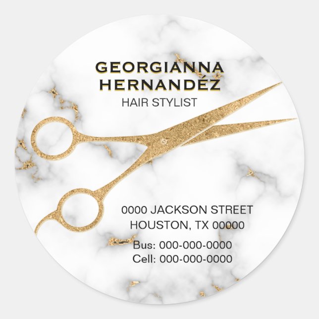 Pegatina Redonda Carrara Marble Gold Scisor Hair Stylist Dirección (Anverso)