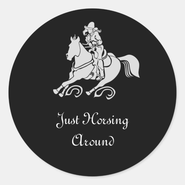 Pegatina Redonda Carreras de barril de CowGirl Silhouette blanca (Anverso)