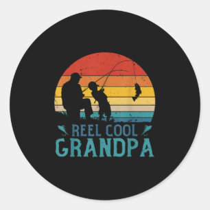 Pegatina Redonda Carrete de Pesca Antiguo Abuelo Genial Pescador Pa
