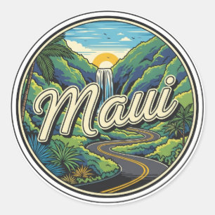 Pegatina Redonda Carretera antigua a Hana Maui Hawái Viajes