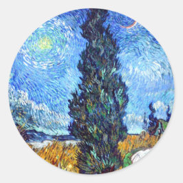 Pegatina Redonda Carretera con Cypress y Star (1890) Van Gogh Art