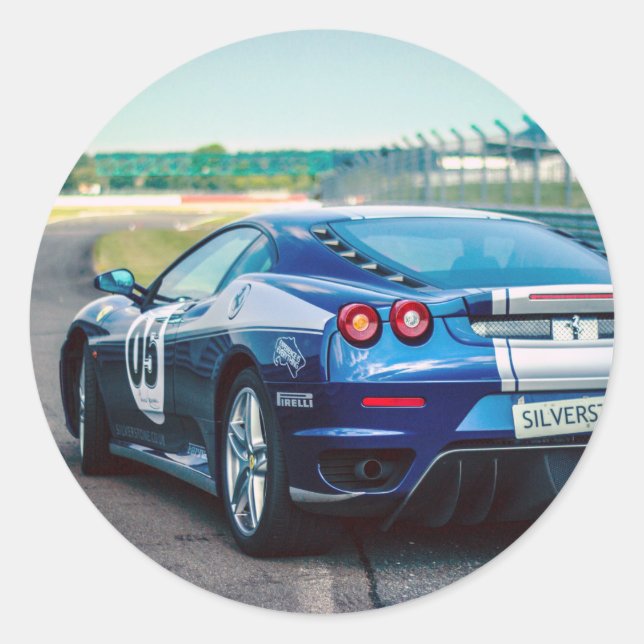 Pegatina Redonda Carro de carreras azules (Anverso)