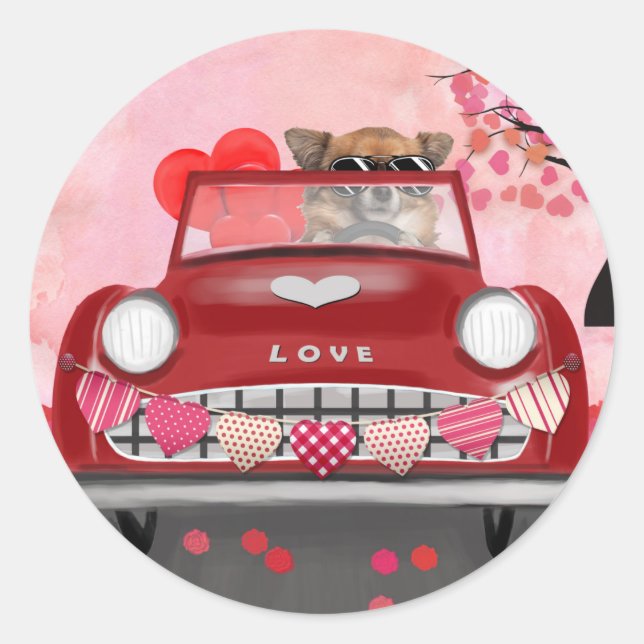 Pegatina Redonda Carro de conducción de perro chihuahua con corazón (Anverso)
