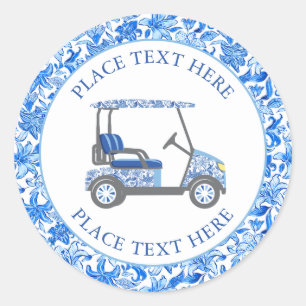 Pegatina Redonda Carro de Golf Flores Azules y Blancas Elegantes