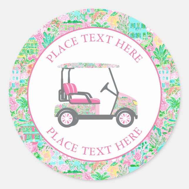 Pegatina Redonda Carro de Golf Preppy Palm Beach (Anverso)