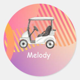 Pegatina Redonda Carro de golf sobre fondo rosa y colorido con nomb