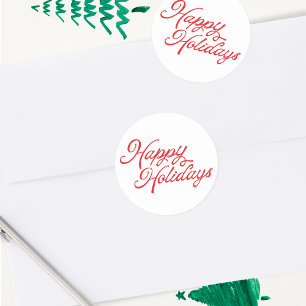 Pegatina Redonda Carta de Felices Fiestas Rojo y Blanco