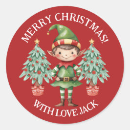 Pegatina Redonda Carta de Feliz Navidad con Niño Elfo de Dibujos An