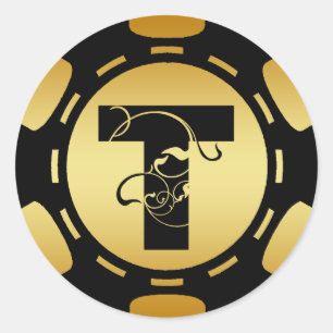 PEGATINA REDONDA CARTA DE MONOGRAMA EN NEGRO Y ORO AL CHIP DE POKER
