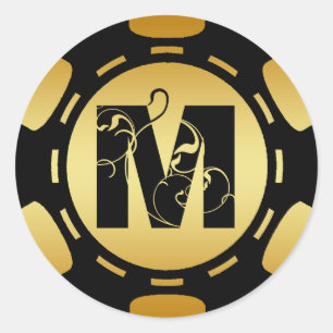 PEGATINA REDONDA CARTA DE MONOGRAMA EN NEGRO Y ORO M POKER CHIP