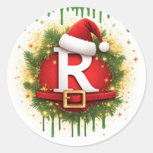 Pegatina Redonda Carta de Navidad R con sombrero de Santa Regalo de