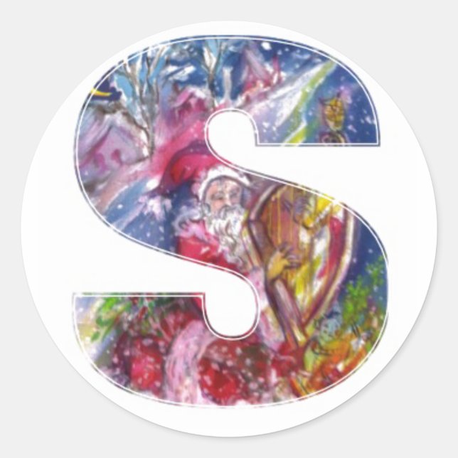 Pegatina Redonda CARTA DE navidades / SANTA JUGANDO HARP (Anverso)